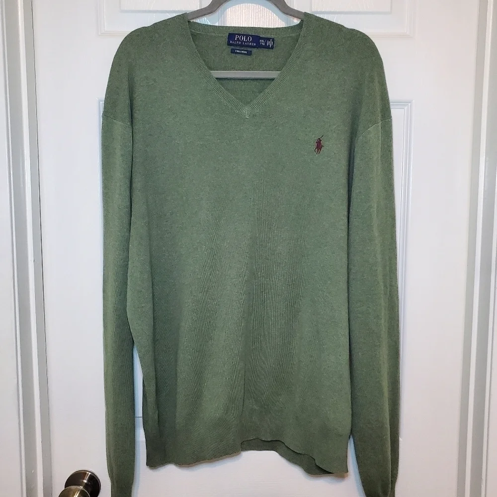 Polo Ralph Lauren 100% Pima Cotton Olive Green V-Neck Pullover Sweater Sz XXL